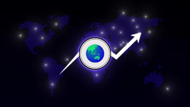 Global Globe Growth Upward Arrow Chart Animation on World Map Background.