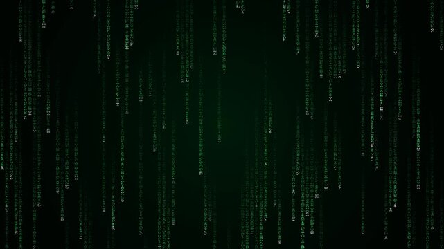 Classic green digital rain of falling code symbols on black, seamless loop