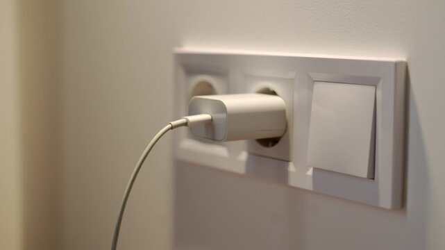 A person plugs a charging adapter and cable into a wall outlet.
Close-up of an electrical outlet in the wall.