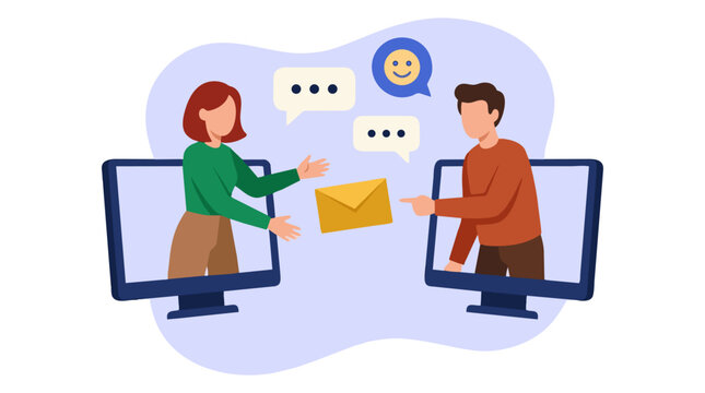 Digital Communication and Email Exchange Between People on Computer Screens