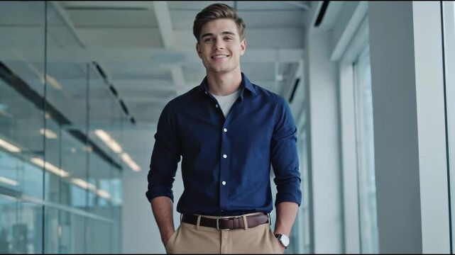 A man wearing a blue shirt and tan pants, likely in an outdoor setting