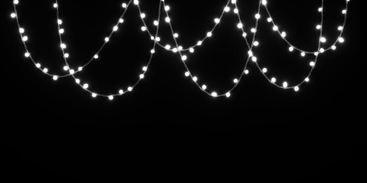 Festive Christmas garlands. Decorative element for greeting cards, invitations, backgrounds, business cards. Winter collection, Christmas background. Bright white lights on black background