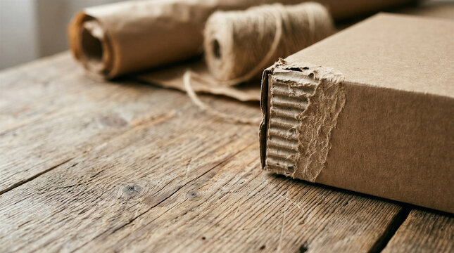 Eco friendly cardboard box with twine and paper roll on rustic wooden table with copy space