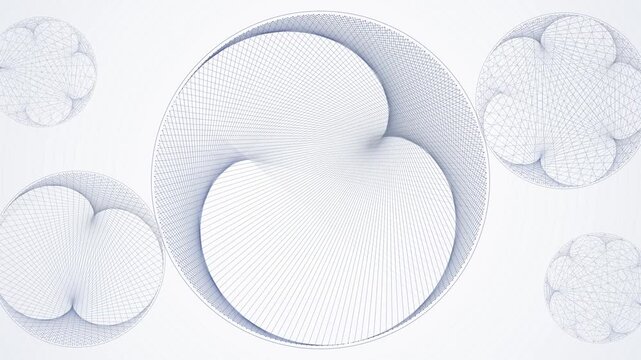 Navy and silver string art curves weaving circles on white, seamless loop