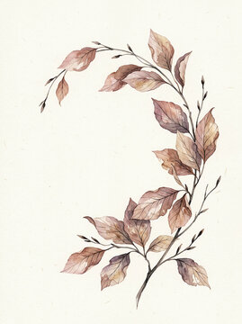 Watercolor autumn leaves artfully arranged in a beautiful crescent, offering a sophisticated fall cover design element and organic background appeal