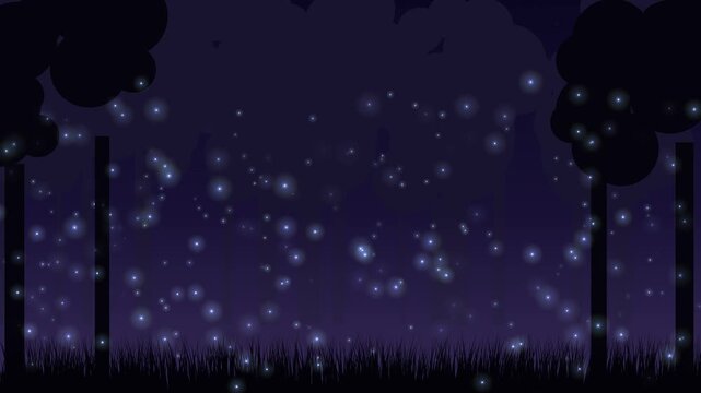 Pale blue glowing fireflies drifting through a purple misty forest at night, seamless loop
