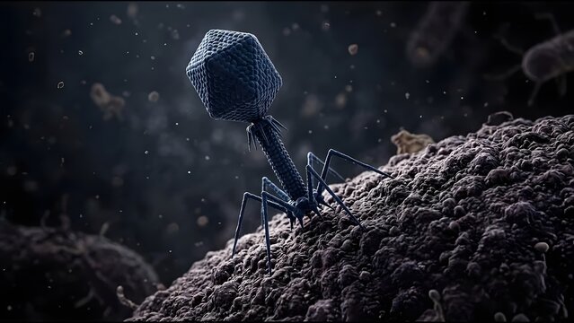 A bacteriophage virus with a hexagonal head and tail fibers is shown in close up  positioned on a rough  granular surface against a dark  particle filled background