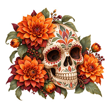 Ornate Sugar Skull Surrounded by Vibrant Orange Dahlias, Burgundy Berries and Autumn Leaves Isolated on Transparent Background