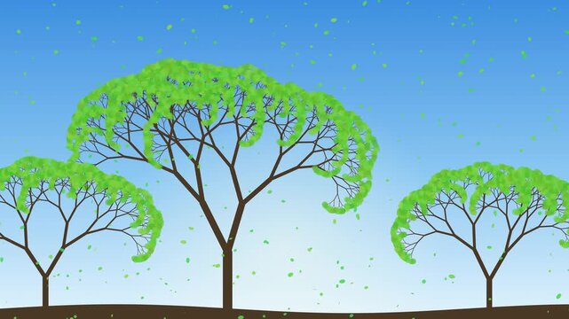 Fractal tree with fresh green leaves swaying under a blue sky, seamless loop