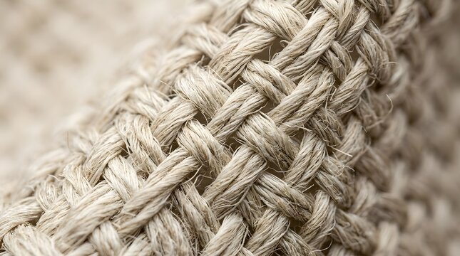 Detailed ro view of a beige woven rope made from natural fibers  highlighting the interlaced strands and rough texture of the material