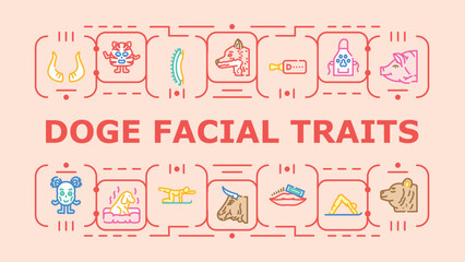 Fototapeta premium Doge facial traits banner infographic. Canine eyes, jowls snout, muzzle fur icon vector illustration