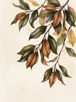 Delicate watercolor illustration of autumn foliage branches with rich textures and golden accents, creating a serene fall cover design or elegant seasonal background