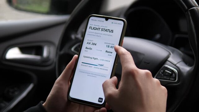 Traveler checks live flight status on a smartphone, following departure time, boarding details and gate information as real-time travel updates shape modern trip planning.