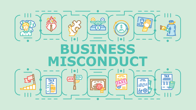 Business misconduct banner infographic. Fraud manipulation, deception bribery, malpractice wrongdoing icon vector illustration