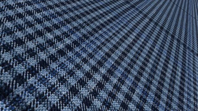 Intricate Cinematic Movement Along Italian Blue Houndstooth Plaid Wool Linen Silk Fabric with Angled Perspective, Soft Lighting and Detailed Woven Patterns