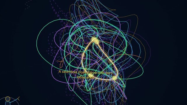 Educational animation visualizing string theory with a Calabi-Yau manifold, illustrating closed loops, wave pulses, quantum harmonics, and hyperspace curling into six tiny hidden dimensions