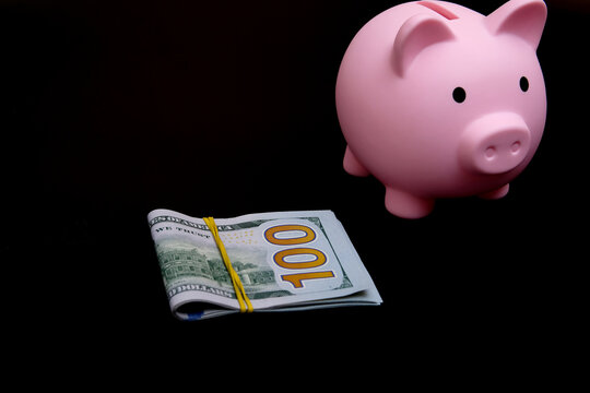 Pink piggy bank sits beside bundled cash