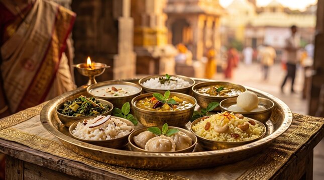 Traditional odia chappan bhog mahaprasad in brass bowls on platter. Nau Pachhmi food offering at temple courtyard at sunset