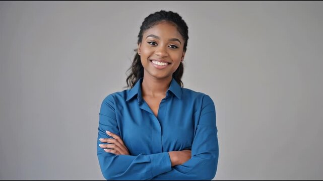 Portrait of a woman wearing a blue shirt and crossing her arms, suitable for use in various scenarios where a relatable female character is needed