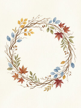 Beautiful watercolor fall wreath. An illustration depicting colorful autumn leaves and natural branches, offering a versatile seasonal cover for designs