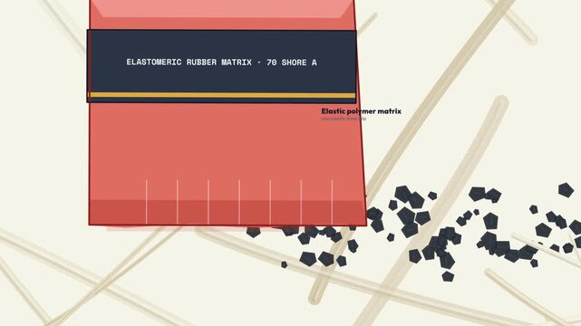 Educational animation explaining the mechanics of erasing graphite from paper showing an elastomeric rubber matrix using friction shear force and Van der Waals affinity to trap carbon flakes