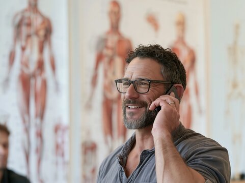 rehabilitation coordinator talking on a smartphone in a rehabilitation clinic