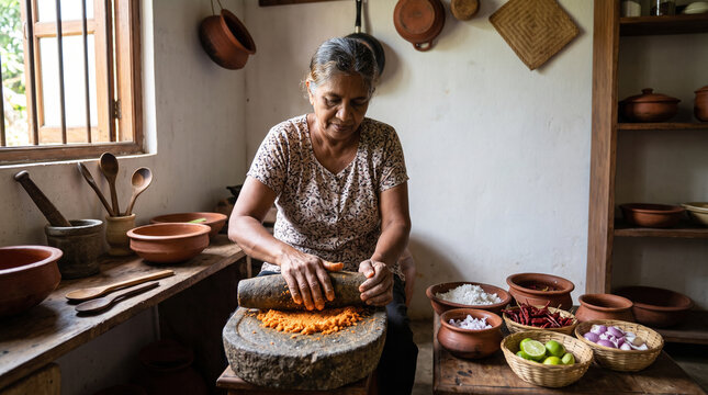 Senior woman preparing traditional coconut sambol using stone grinder and clay kitchenware