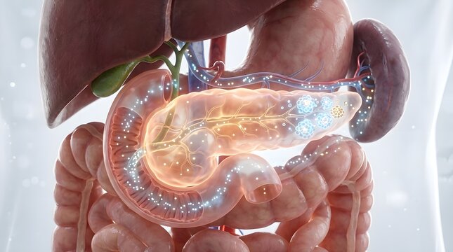 Detailed medical visualization of abdominal organs including pancreas  liver  gallbladder  and intestines with illuminated vascular and ductal networks