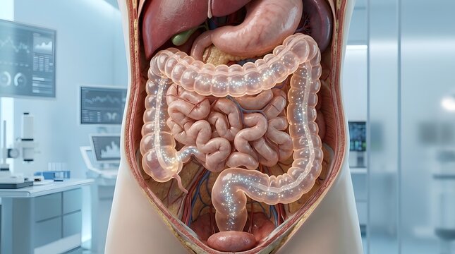 Cross section view of human abdomen highlighting digestive organs including intestines  sto h  liver  and pancreas with medical equipment in background