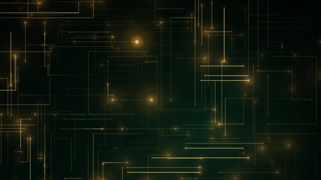 Abstract Digital Technology Background with Glowing Gold Circuit Board Nodes and Data Flow.