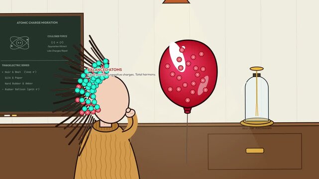 Educational animation explaining the triboelectric effect and static electricity showing electron migration from human hair to a rubber balloon creating opposite charges that attract each other