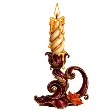 Ornate Burgundy Candle Holder with a Twisted Ivory Candle, Golden Wax Drips and Autumn Maple Leaf Isolated on Transparent Background