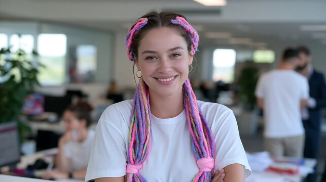 happy creative freelancer with colorful dyed hair posing at a modern workplace lounge with plants and soft light showing startup culture and a positive casual work vibe
