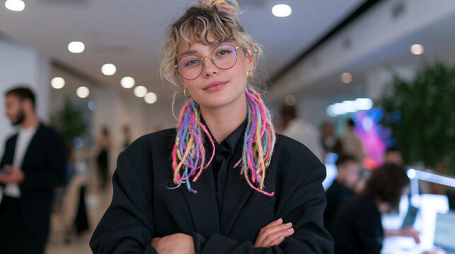 smiling young woman with long pink and orange braids in a black sweater sitting in a bright coworking office showing creative youth style and a friendly confident attitude