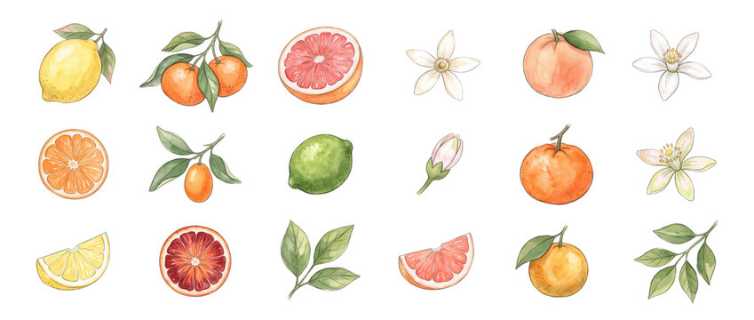 Watercolor citrus fruit collection isolated on black background. Hand drawn botanical illustration of lemon orange grapefruit lime slices leaves and blossom for summer food packaging and graphic desig
