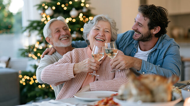 happy senior couple laughing and toasting with champagne glasses at a festive christmas dinner table with a decorated tree and warm lights behind them showing holiday tradition