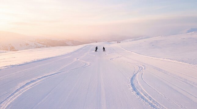 ski resort access, an aerial view of a ski slope at sunrise, featuring fresh tracks and an instructor teaching a beginner