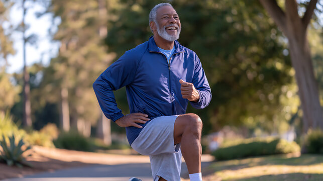 elderly man with a gray beard warming up for a morning run on a park path showing fitness motivation wellness and cardio training in warm natural light