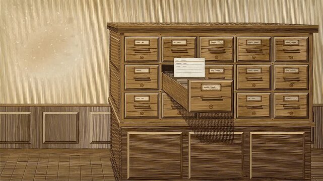 Vintage oak library card catalog searching by itself, drawer slides out and index card rises, two-color woodcut engraving style, warm lamp light, copy space