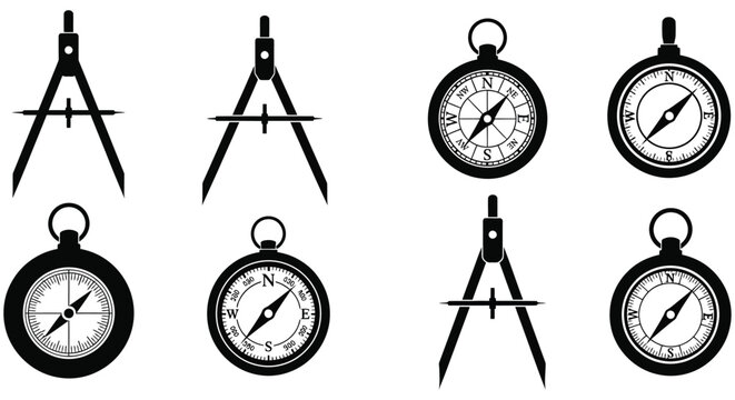 Drafting tools and compasses depicted as black silhouettes on a white background