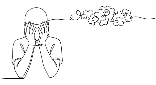 Person covering face with hands continuous line drawing on white background