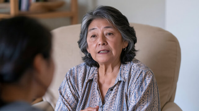 senior woman in a floral blouse holding a paper document while talking with a financial advisor in a bright office showing retirement planning and insurance consultation