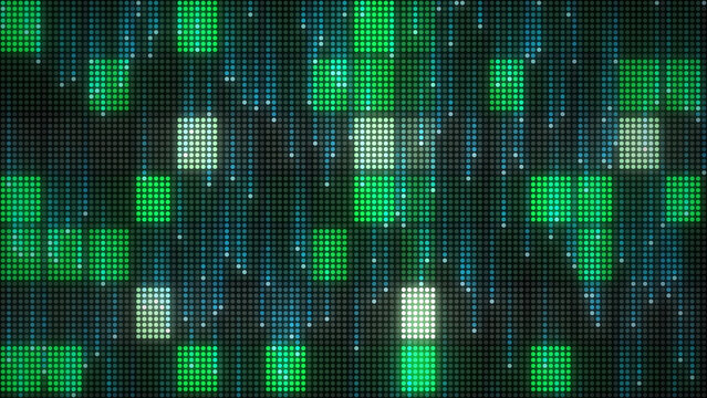 Green digital LED grid with falling code rain, technology background