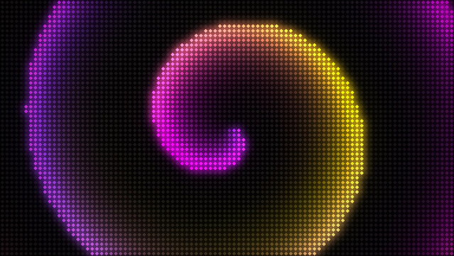 Glowing purple and gold spiral on LED display, abstract swirl