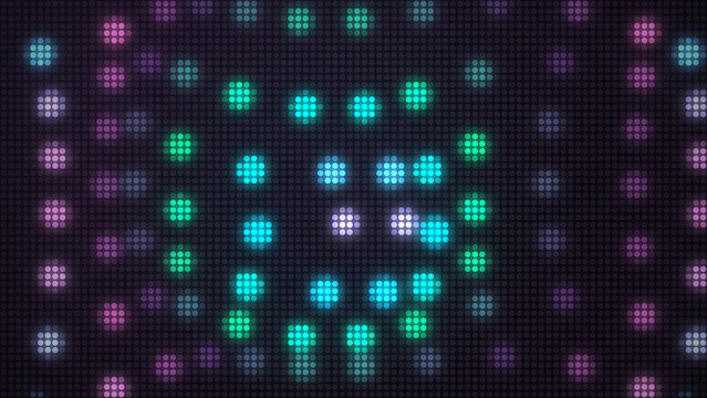 Radial pattern of glowing pastel LED dots on dark background