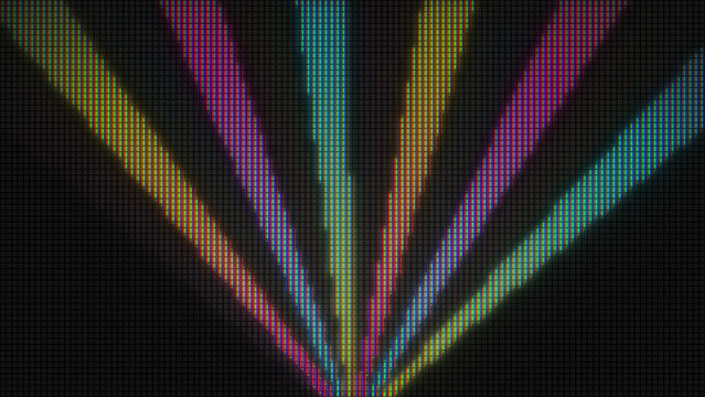 Colorful LED laser fan beams radiating on black background