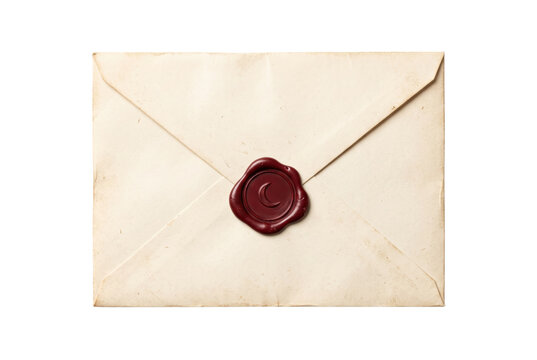 Vintage envelope with red crescent moon wax seal on transparent background