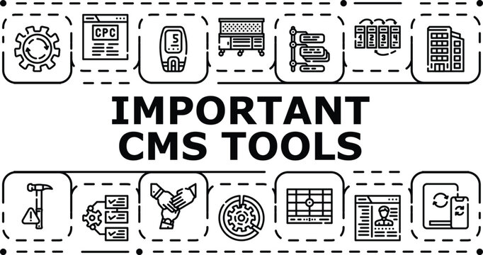 Important cms tools banner infographic. Pages editing, backup workflow, analytics permissions icon vector illustration