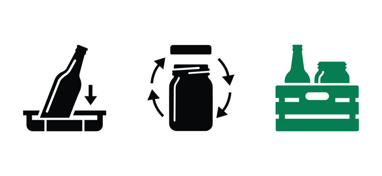 Glass bottle recycling, jar reuse, and returnable container icons vector set featuring bottle return tray, reusable glass jar, and crate collection symbols