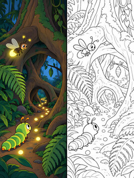 Cute cartoon firefly guiding caterpillar along glowing path in dark tropical jungle forest coloring page vector